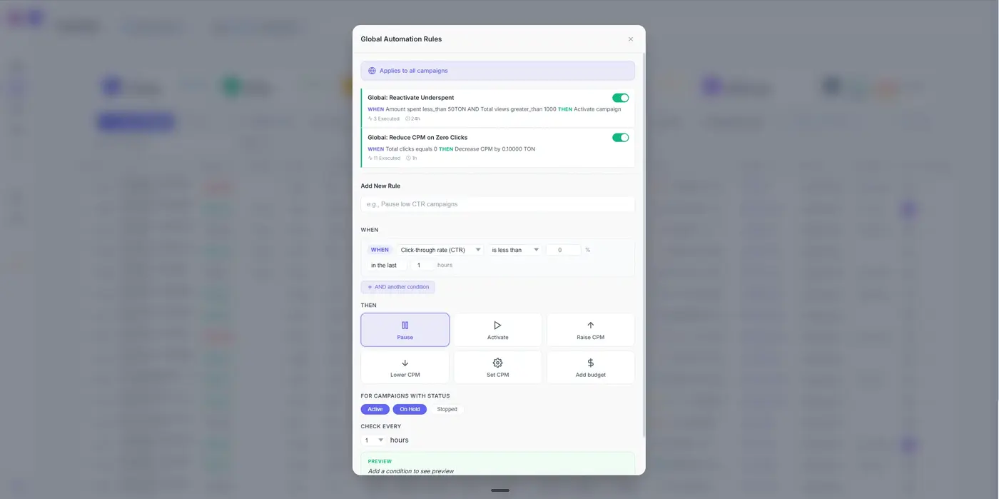 ADSLY Telegram Ads automation rules — IF/THEN conditions for automatic campaign management